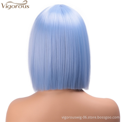 Vigorous Light Blue Synthetic Straight Hair Middle Part Heat Resistant Fashion Short Bob for Women Cosplay Wig